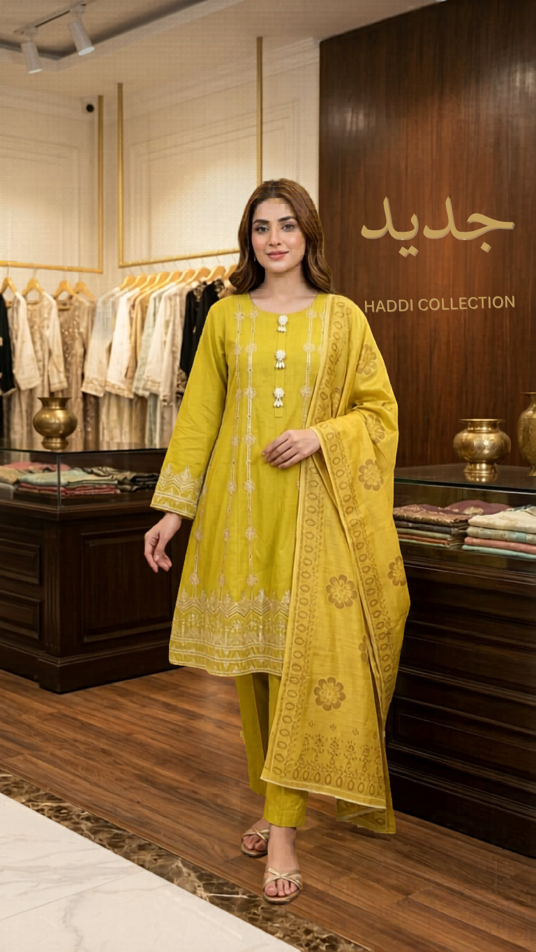 !  🍋 Haddi Collection — Graceful Olive Lime Embroidered 3-Piece Suit