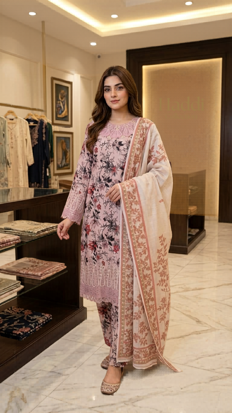 🌸 Haddi Collection — Elegant Blush Pink Floral 3-Piece Suit