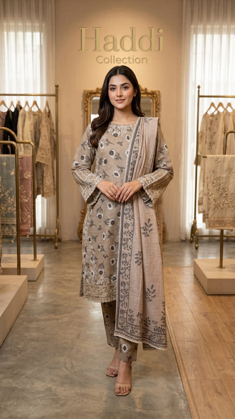 🌿 Haddi Collection — Classic Beige Floral Embroidered 3-Piece Suit