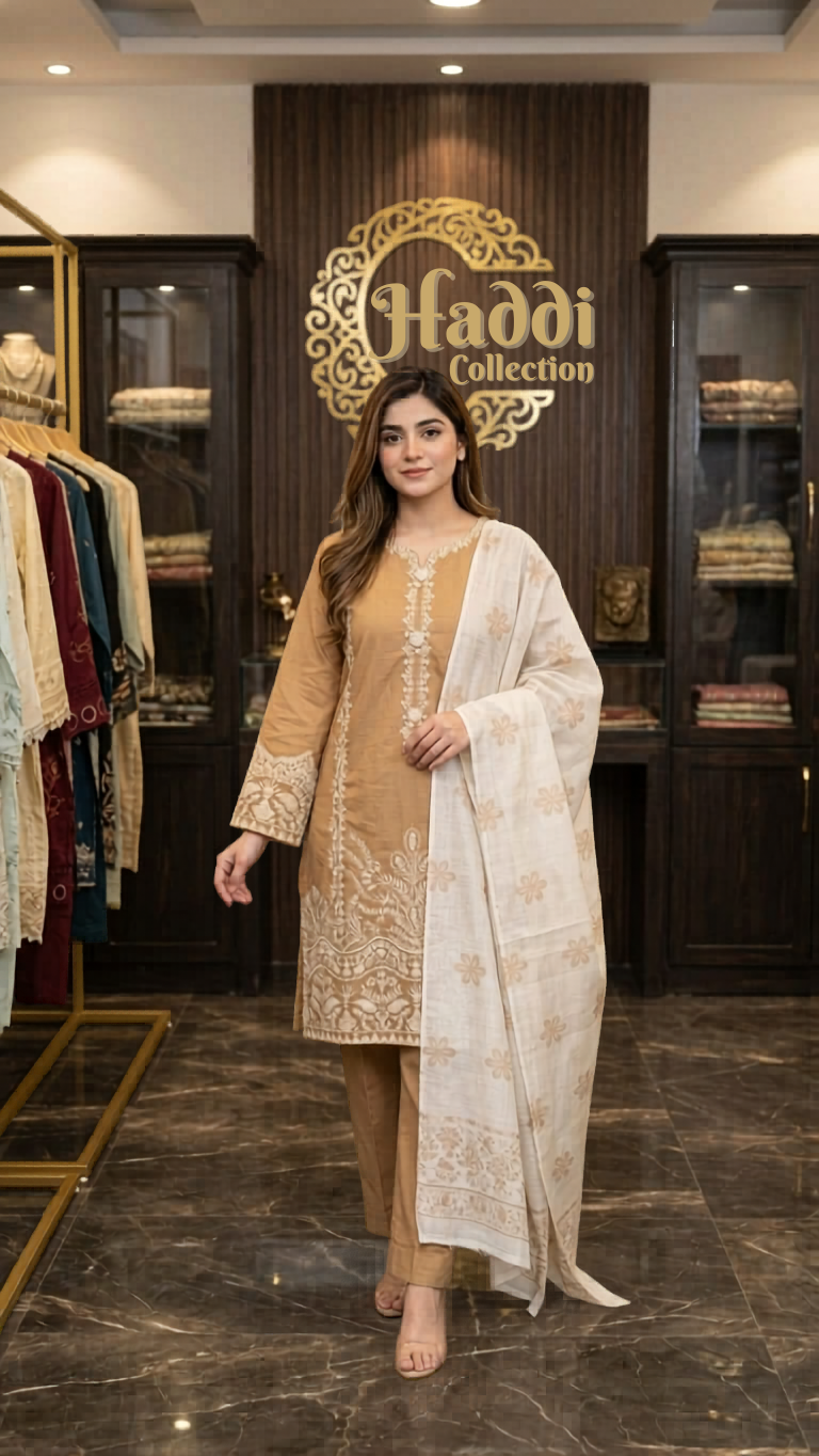 ☕ Haddi Collection — Elegant Biscuit Beige Embroidered 3-Piece Suit
