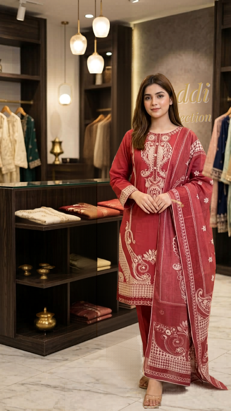 🌹 Haddi Collection — Elegant Crimson Maroon Embroidered 3-Piece Suit
