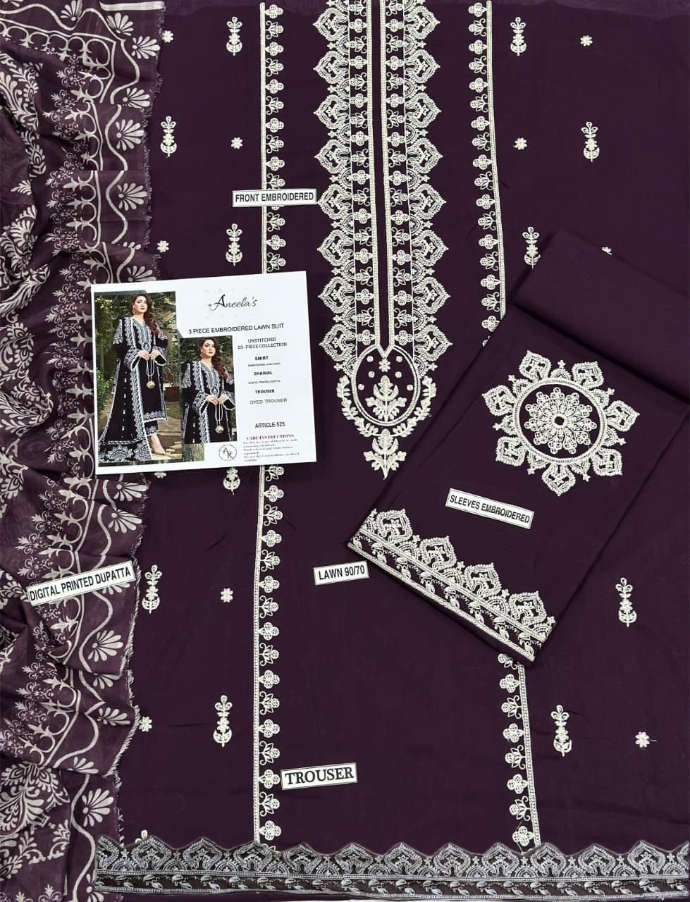 Deep Purple Embroidered 3-Piece Lawn Dress