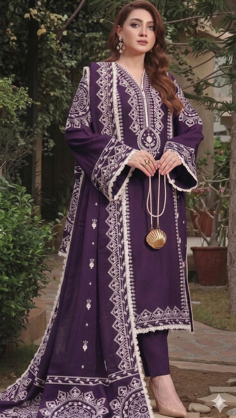 Deep Purple Embroidered 3-Piece Lawn Dress